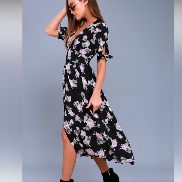 Free People LOVE OF MY LIFE Deep Vee Button Up Floral Black and Pink Midi Dress - Picture 4 of 11
